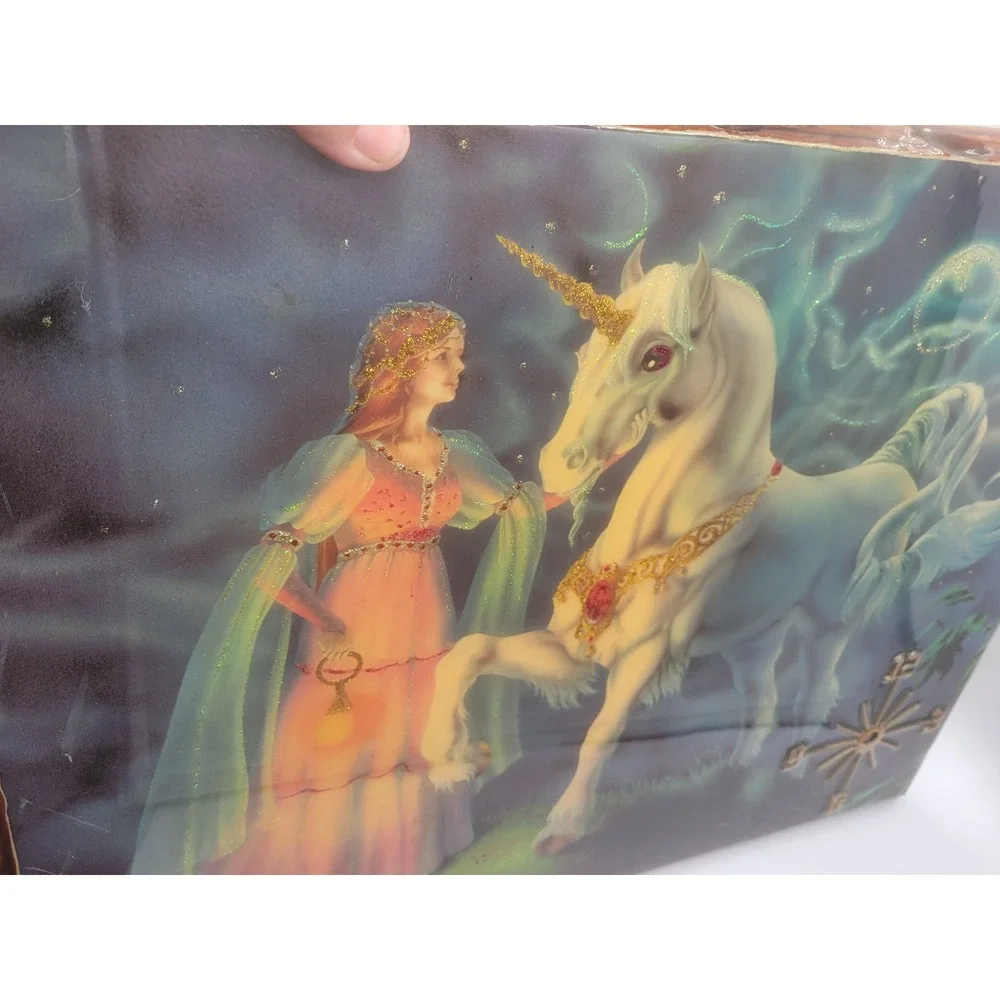 Vintage 1982 Sue Dawe Unicorn Fantasy Art Wood Plaque Glossy Glitter 80s Decor